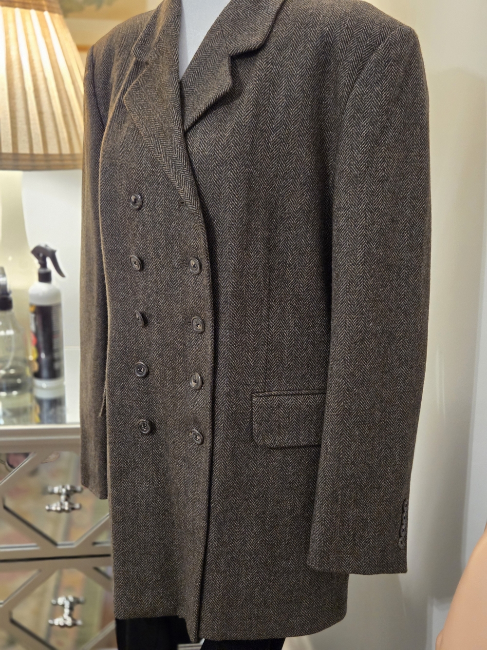 J. Peterman Brown Herringbone Double-Breasted Peacoat